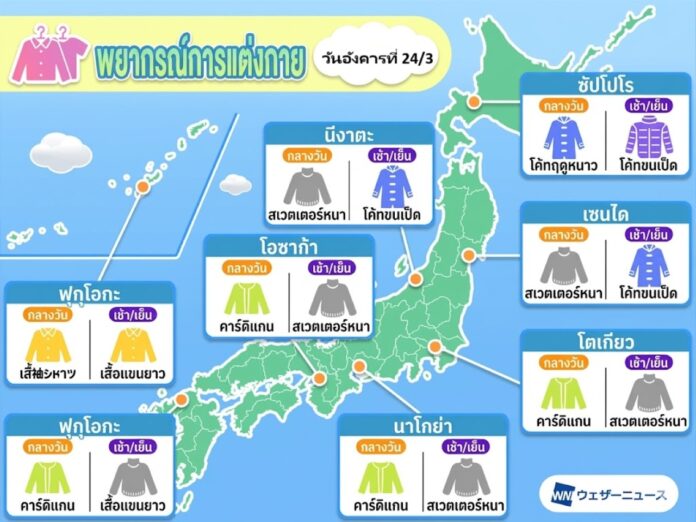 พยากรณ์-การแต่งกาย-เที่ยวญี่ปุ่น-มีนาคม-2026 แผนที่พยากรณ์การแต่งกายเที่ยวญี่ปุ่น 24 มีนาคม 2026 จาก Weather News แนะนำเสื้อผ้าแต่ละภูมิภาค